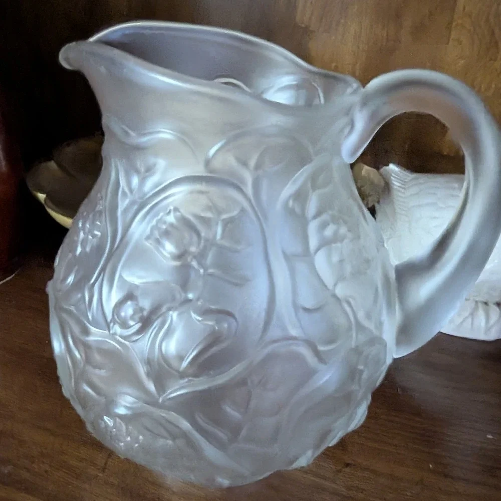 Vintage Frosted Glass Pitcher Floral Embossed Satin Glass Relief Design